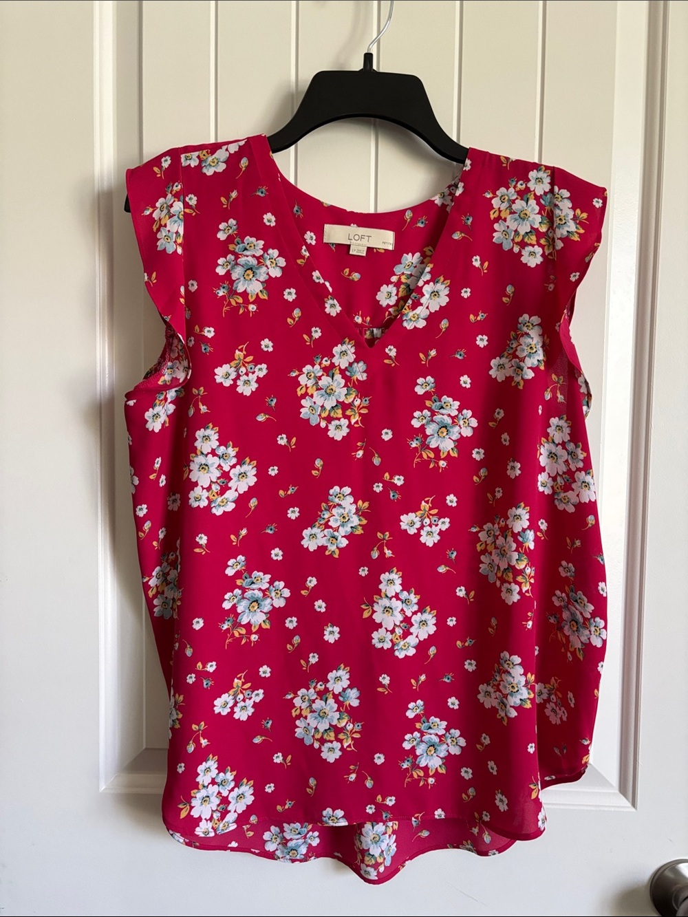 LOFT Bright Pink Floral V-Neck sleeveless ruffle blouse.